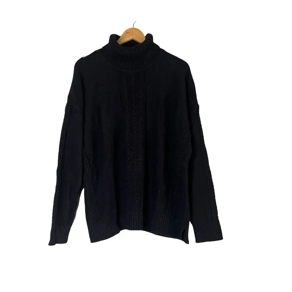 A551050 ISAAC MIZRAHI Cable Stitch Turtleneck Sweater Pitch Black XL